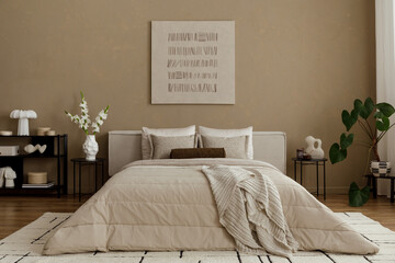 Modern bedroom with beige quilt, textured blanket, nightstands with lamps, and large green potted...