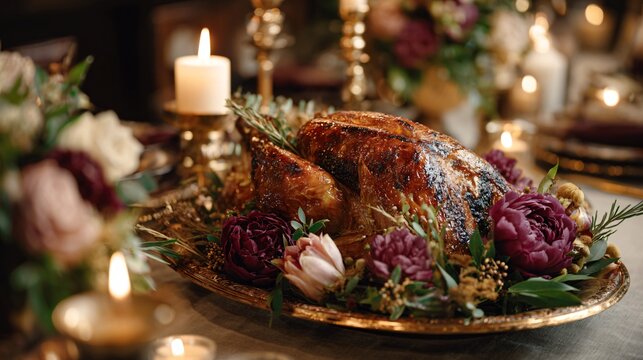 Harvest centerpiece with roasted turkey and florals in burgundy and gold, storytelling angle - Powered by Adobe