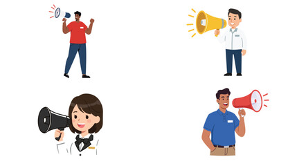 Fototapeta premium Diverse team members announce through megaphone, vector illustration, communication campaign