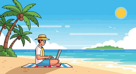 Fototapeta premium Digital nomad working on a tropical beach, embodying the modern freelance lifestyle under the warm sun and swaying palm trees, in a vibrant cartoon