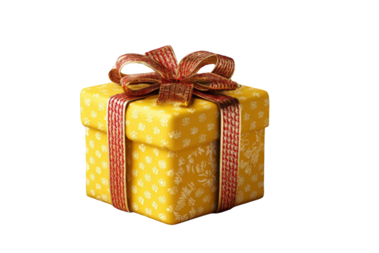 Yellow gift box with red ribbon - Powered by Adobe