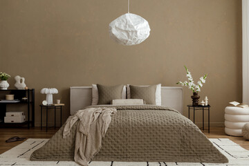 Stylish modern bedroom with quilted bedspread, neutral cushions, pendant paper lamp and decorative...