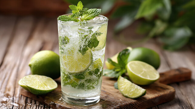 Refreshing beverage with limes, mint, and ice on a wooden surface. A vibrant and cool drink to quench your thirst.