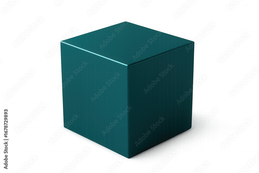 Poster minimalist teal geometric cube hovering against transparent surface, ideal for design projects