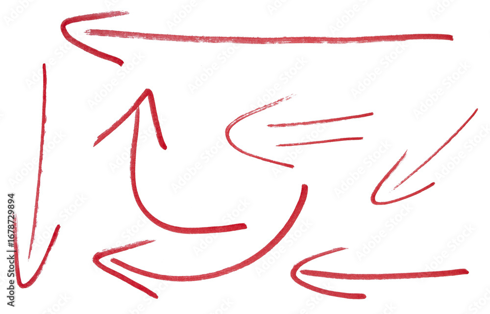 Poster set of arrow sign drawn with red marker on transparent background