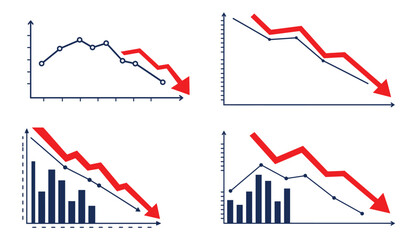Decline graphs set showcases downward trend with red arrow indicator
