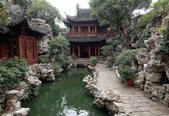Fototapeta premium Asian garden path, water, and buildings