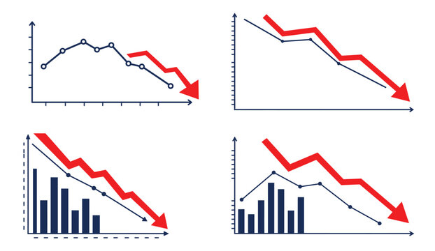Decline graphs set showcases downward trend with red arrow indicator