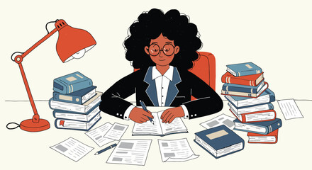 Dedicated professional woman engrossed in research amidst books and documents