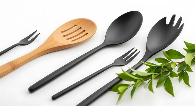 Kitchen utensils set wooden spoon and black serving tools with greenery