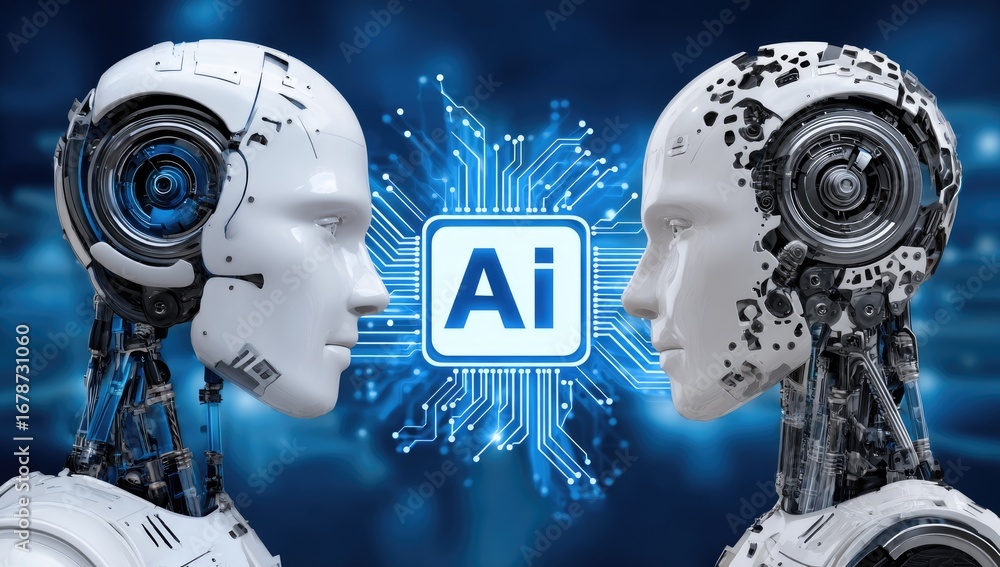 Poster two futuristic robots face each other, symbolizing artificial intelligence