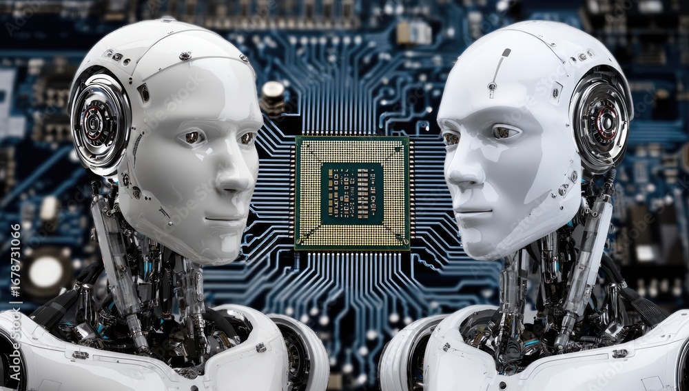 Poster this image showcases two humanoid robots positioned in front of a circuit board, symbolizing the int