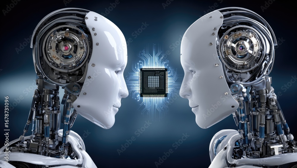 Poster futuristic humanoid robots face each other, showcasing advanced technology and artificial intelligen