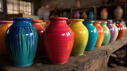 Colorful Ceramic Vessels: Row of brightly painted pottery adds vibrancy and artistry to a workshop setting, highlighting craftsmanship.