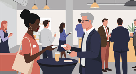 Stylized illustration of professionals exchanging cards at a networking event