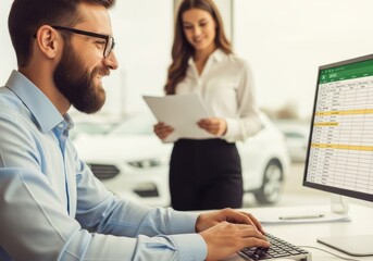 Modern car dealership workflow shows teamwork and streamlined data entry