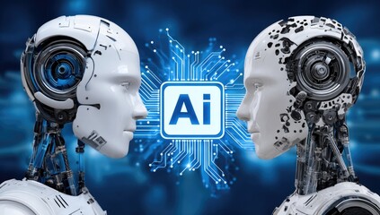 Two futuristic robots face each other, symbolizing artificial intelligence