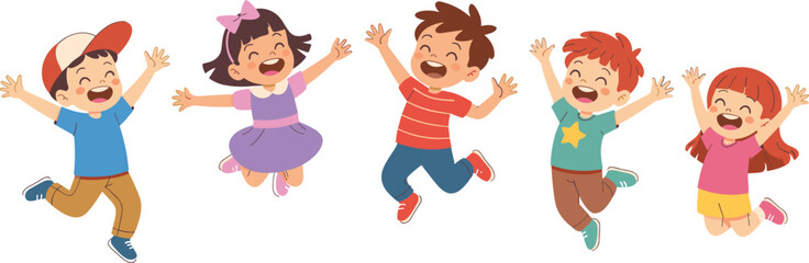 Happy group of diverse children jumping with joy, playful kids celebrating together, smiling boys and girls having fun, cheerful childhood friendship illustration vector