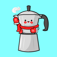 A cute cartoon coffee pot character wearing winter clothes is smiling warmly.