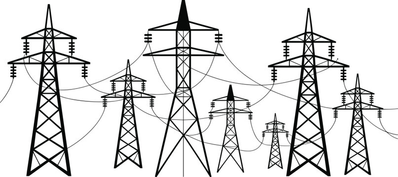 High voltage electricity pylons, power transmission towers, energy infrastructure vector,