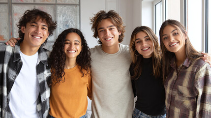 Group of five smiling young people posing for photo indoors, cheerful and positive atmosphere, showcasing diverse styles and camaraderie.