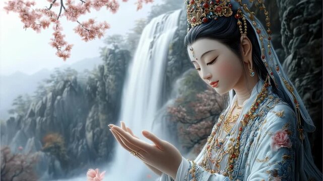 Mystic Kuan Yin vow: Avalokiteshvara gaze, Gwaneum virtue, Kannon light, sacred birth, wisdom awakening, peaceful passing, eternal promise, boundless tenderness, karmic harmony, spiritual echo