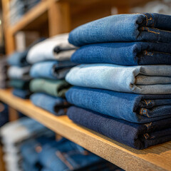 Stacked jeans on a wooden shelf in a clothing store.