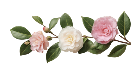 A close-up of three camellia flowers in soft pinks and cream