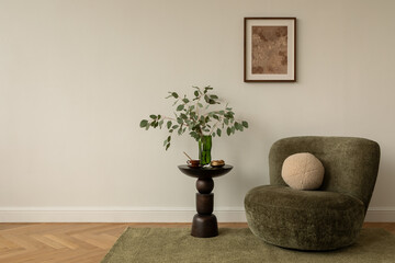 Minimalist interior with olive green lounge chair, round cushion and dark wooden side table with...