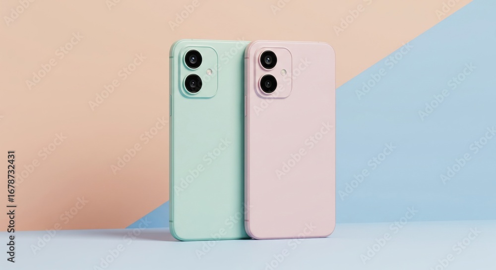 Poster modern dynamic display presentation showcasing two sleek mobile devices in vibrant teal and soft pin