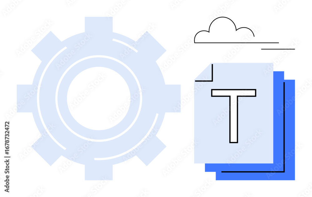 Poster gear behind text document stack with a cloud outline emphasizes automation, technology, file-sharing