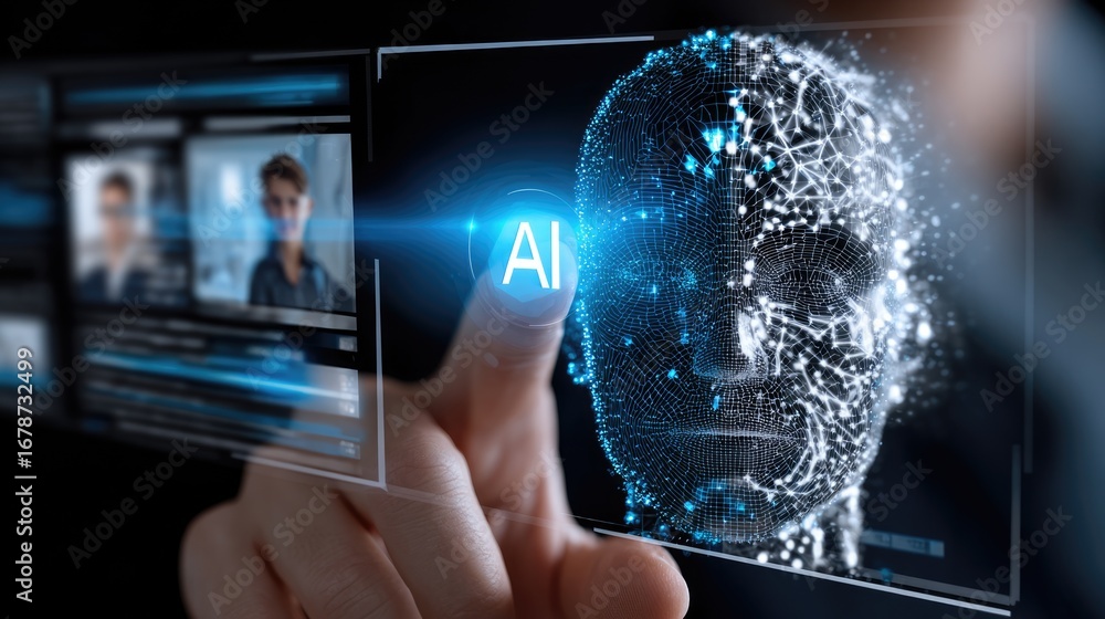 Poster a futuristic depiction showcasing artificial intelligence interfacing with human-like features, high