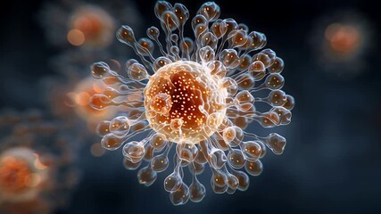 3D glowing virus cells with transparent structures, floating on a dark blurred background. Perfect for science, healthcare, and medical concepts. - Powered by Adobe