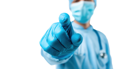 Close-up of a person in medical attire pointing