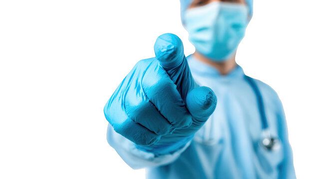 Close-up of a person in medical attire pointing
