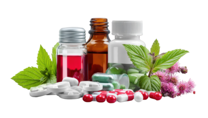 Assorted pharmaceutical bottles and pills with herbs