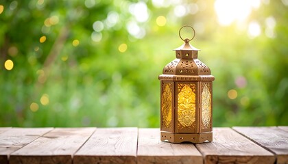 Ornate lantern on wooden table, blurred green background