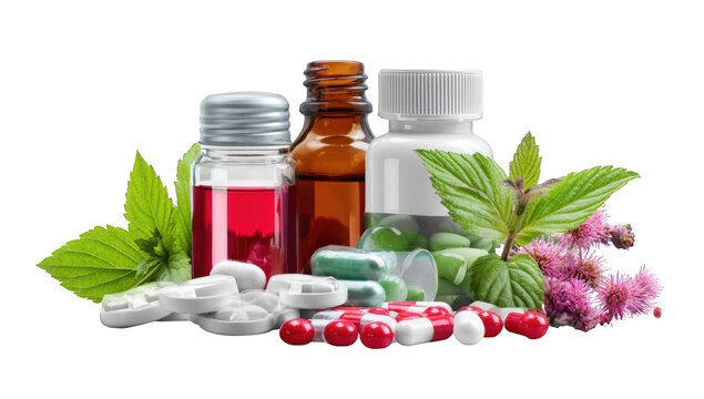 Assorted pharmaceutical bottles and pills with herbs - Powered by Adobe