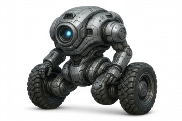 Wheeled robotic prototype navigating rugged terrain, demonstrating futuristic technological innovation against clean white backdrop