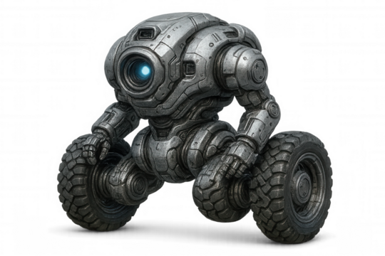 Wheeled robotic prototype navigating rugged terrain, demonstrating futuristic technological innovation against clean white backdrop