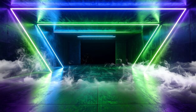 Neon triangle tunnel with smoke