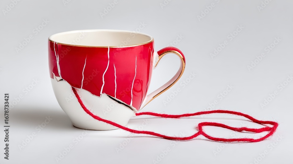 Poster unique red ceramic cup with artistic cracks and a red string attached, symbolizing resilience and cr