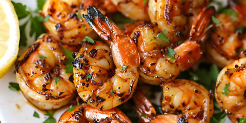 Grilled Shrimp Garnished with Herbs and Lemon Wedge on Plate with Golden Brown Juicy Texture