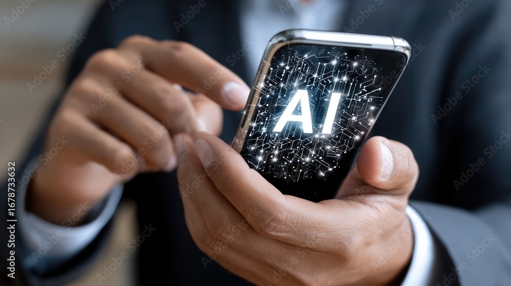 Poster a close-up of a person's hand holding a smartphone displaying the letters 'ai' with a network of dig