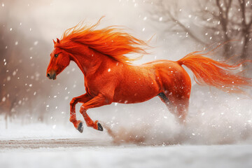 Red fairy horse with mane in snowy forest with light