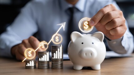 A person inserting a coin into a piggy bank, symbolizing savings and financial growth. The background features a graph depicting increasing financial success.