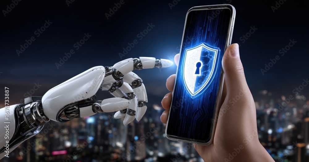 Poster a robotic arm reaching towards a smartphone displaying a security shield. this image symbolizes the 