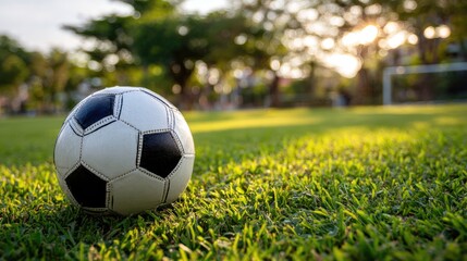 A close-up view of a classic black and white soccer ball resting on lush green grass during sunset. The warm light enhances a tranquil atmosphere perfect for outdoor games.