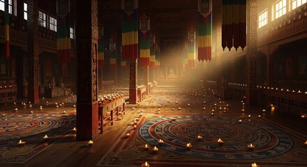 Enchanting tibetan monastery interior: a symphony of glowing butter lamps, sacred mandalas, and swaying prayer flags in cinematic light