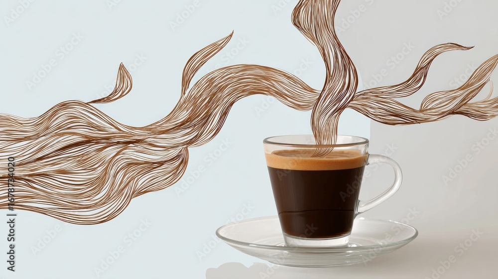 Poster Coffee cup with rich espresso on a saucer, surrounded by swirling abstract coffee steam, creating a dynamic visual effect that evokes warmth and comfort in a modern setting